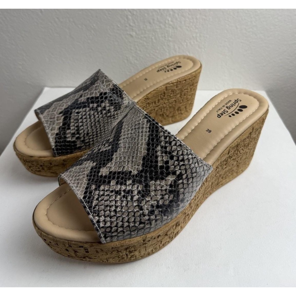 Spring Step Snakeskin Platform Open Toe Slip On Cork Wedge Sandals Sz EU 39 US 8